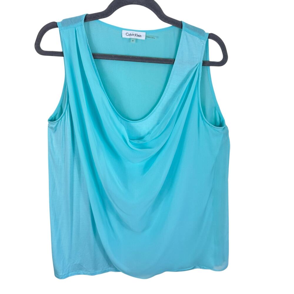 Calvin Klein Blue Drape Neck Layered Light Stretchy Tank Blouse‎ Pastel Summer M